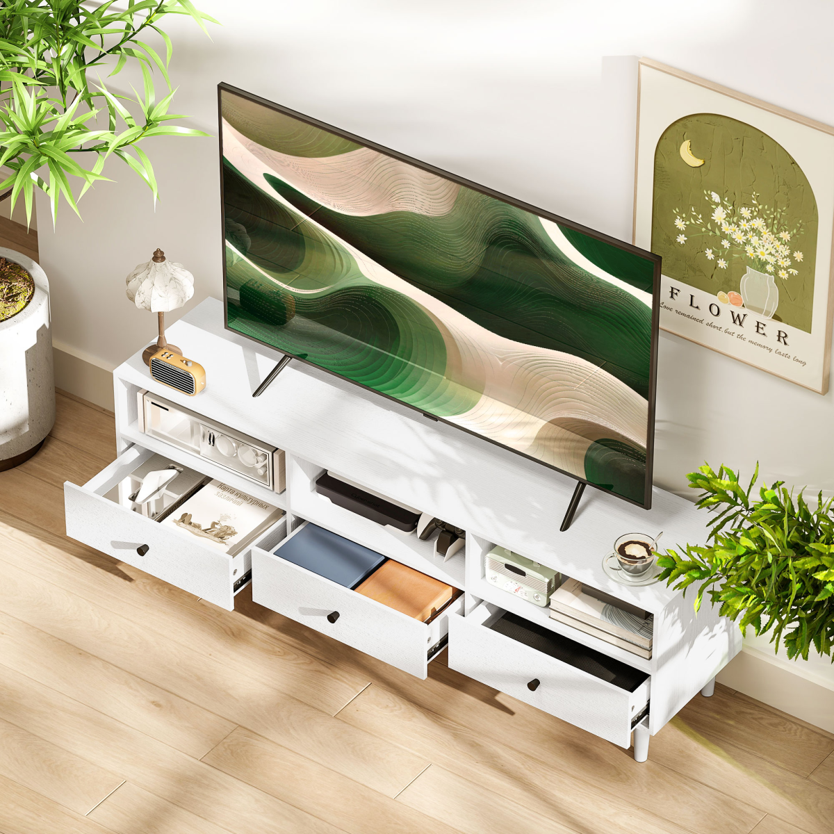 HOMCOM White TV Unit for Up to 75", 3 Drawers, 3 Shelves