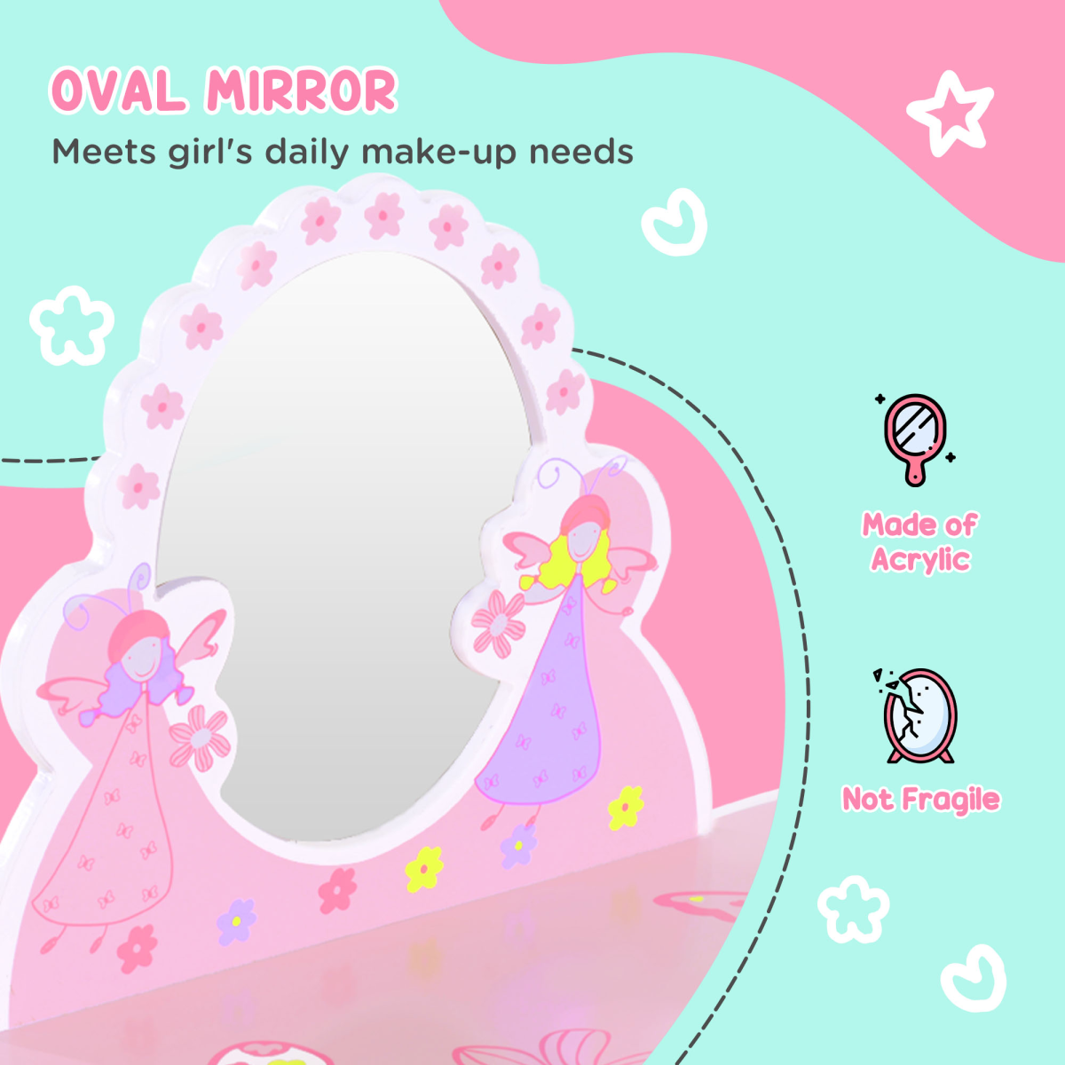 Pink Kids Dressing Table Vanity Set with Mirror and Chair, Girls Make Up Play Set