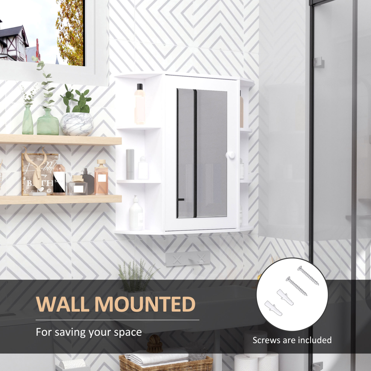 Wall Mounted Bathroom Cabinet with Mirror, Single Door Storage Cabinet with Open Shelves, White Bathroom Wall Cabinet