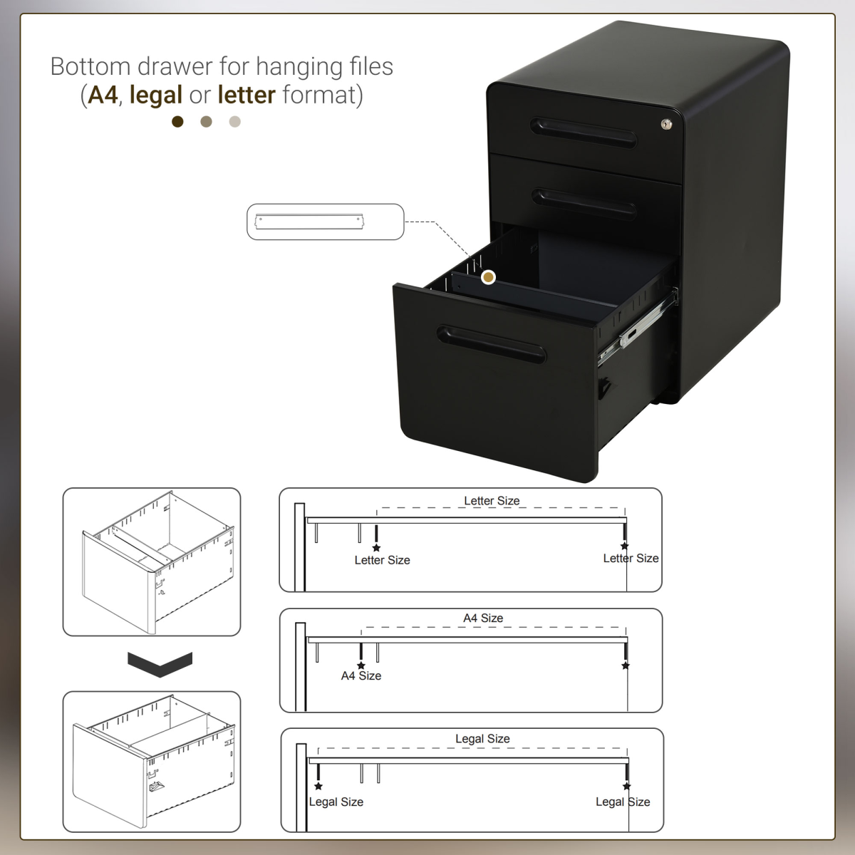 3-Drawer Steel Filing Cabinet with Lock and 4 Wheels, Black
