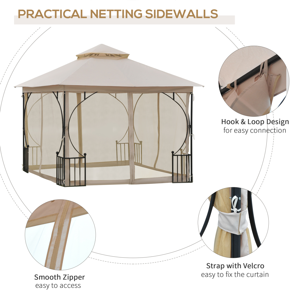 Outsunny 3m x 3m Beige Waterproof Metal Gazebo with Sides