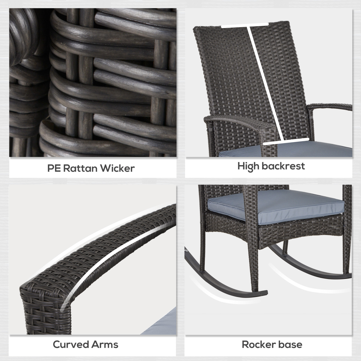 Outsunny Grey PE Rattan Outdoor Rocking Garden Chair with Cushion