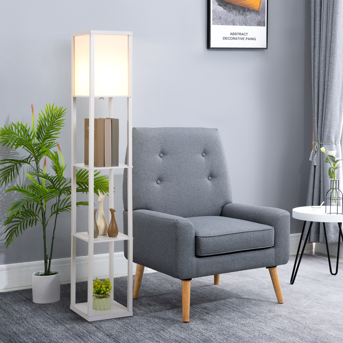 HOMCOM 4-Tier Floor Lamp with 3 Storage Shelves, White
