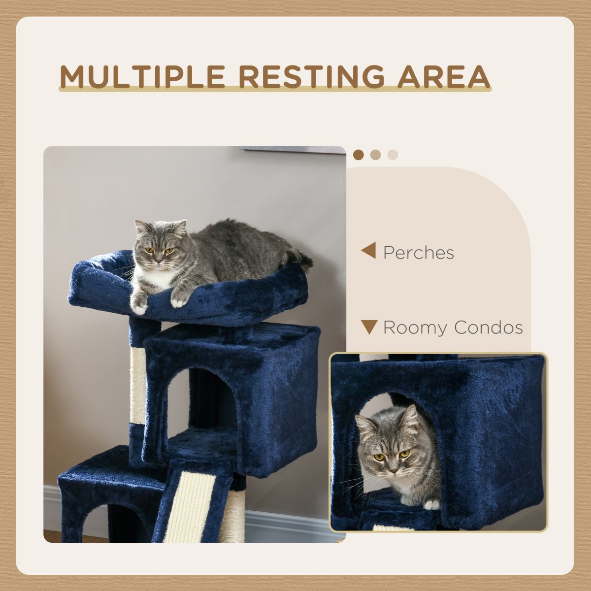 PawHut Cat Tree with 2 Houses, Perch & Scratching Posts, Navy Blue