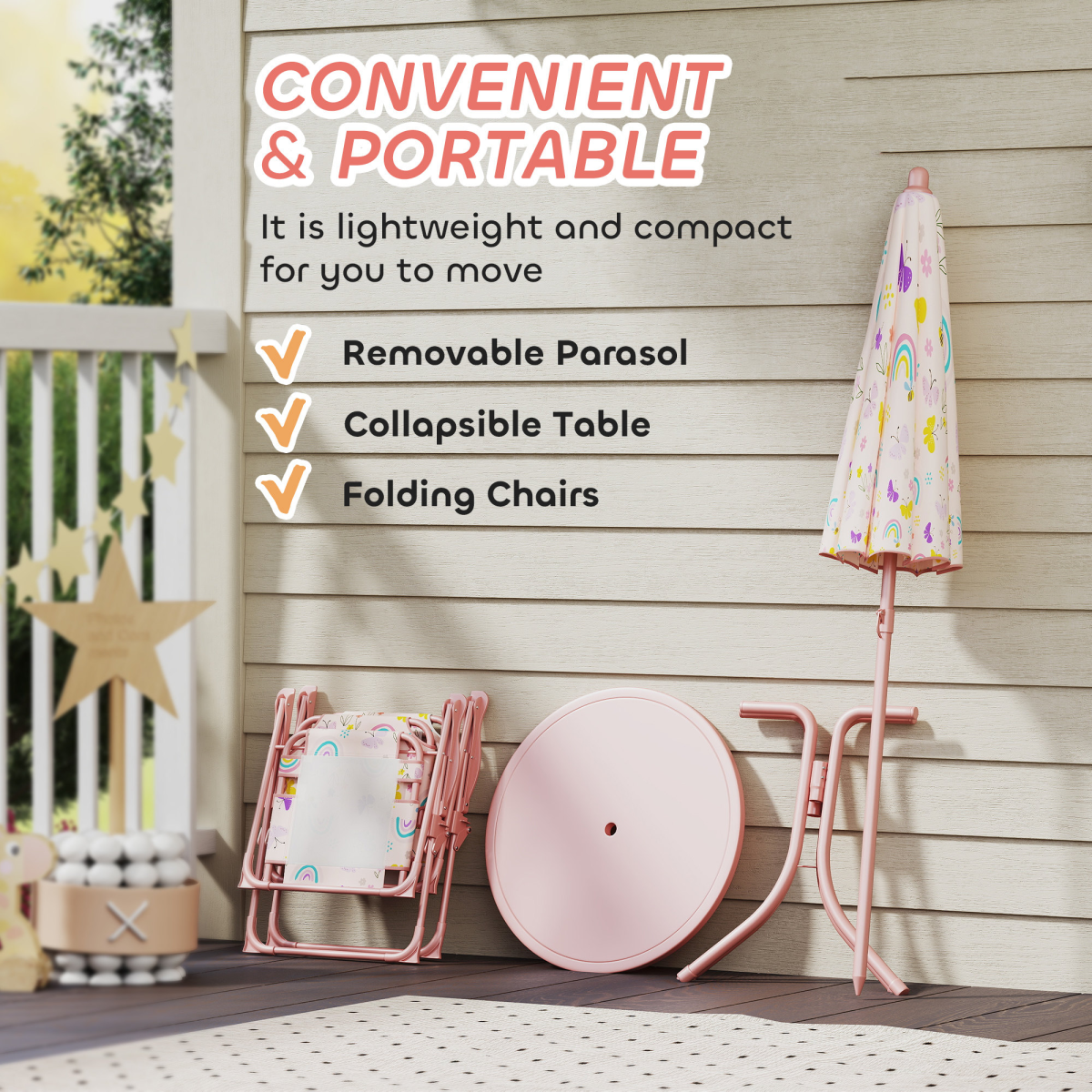 AIYAPLAY Kids Garden Table & Chair Set with Parasol, Pink