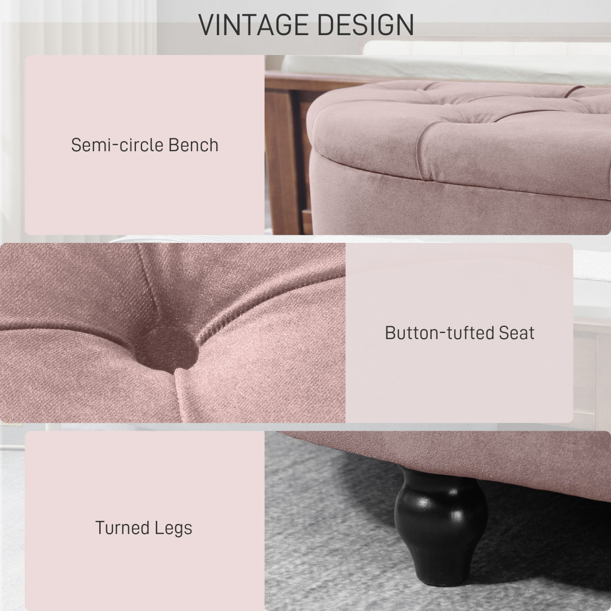 HOMCOM Tufted Semi-Circle Storage Ottoman Bench, Pink