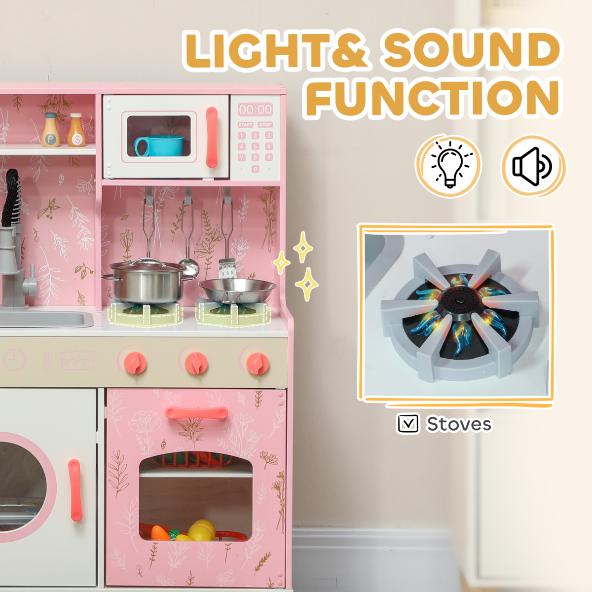 AIYAPLAY Kids Play Kitchen Set with Lights and Sounds, Pink