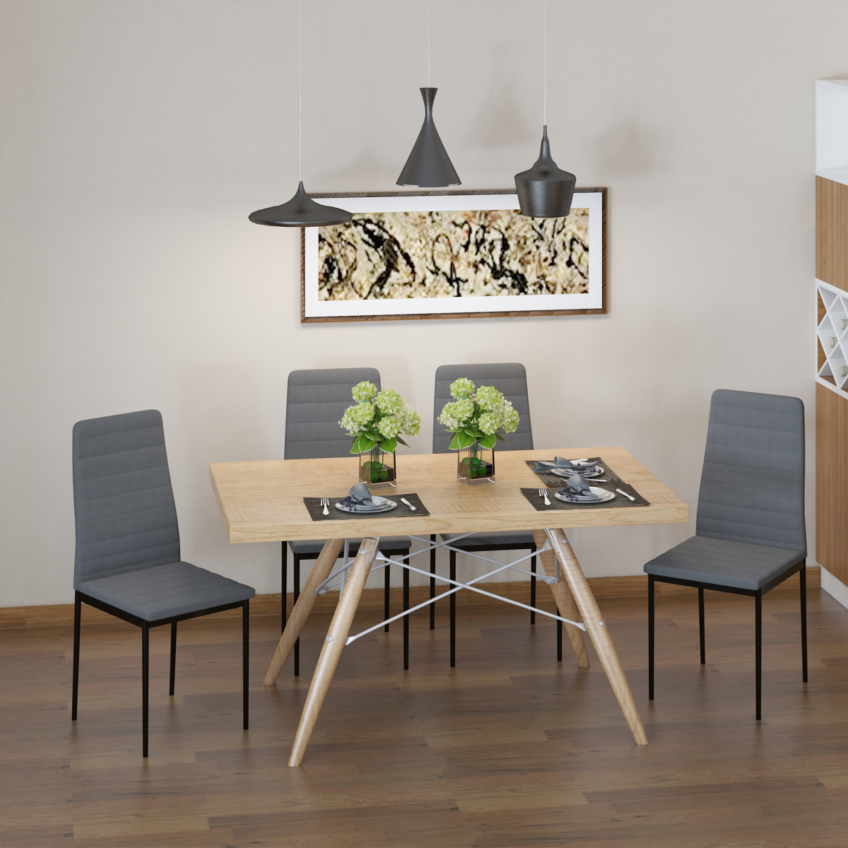Set of 4 High Back Upholstered Dining Chairs, Grey Linen-Look Fabric, Steel Legs