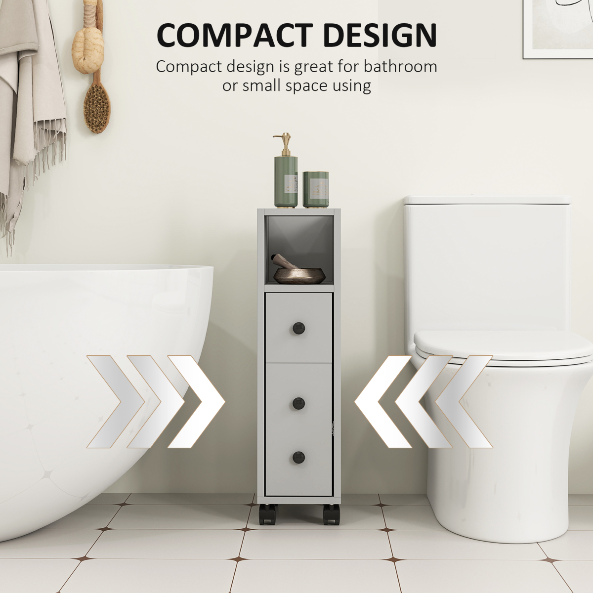 kleankin Slim Grey Bathroom Storage Cabinet with Wheels and Open Compartments