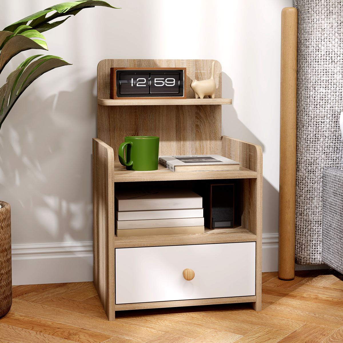 HOMCOM Bedside Table with Drawer and 3 Shelves, Natural Wood Effect