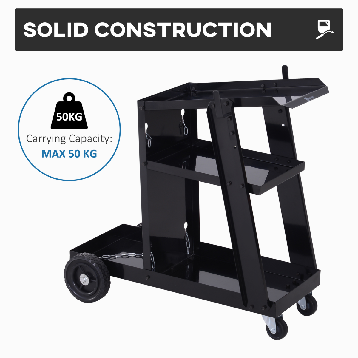 DURHAND Welding Cart Trolley with 3 Storage Trays, 2 Safety Chains, 4 Wheels, Slanted Top Shelf, 50kg Max Load