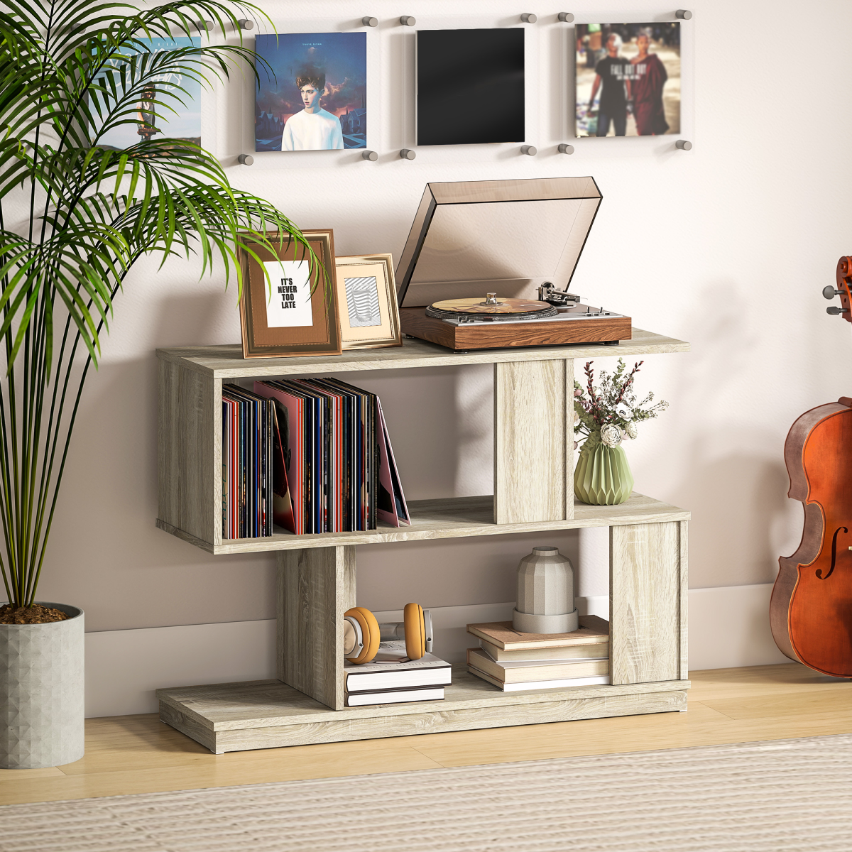 HOMCOM 3-Tier S-Shaped Narrow End Table, Natural Wood Finish