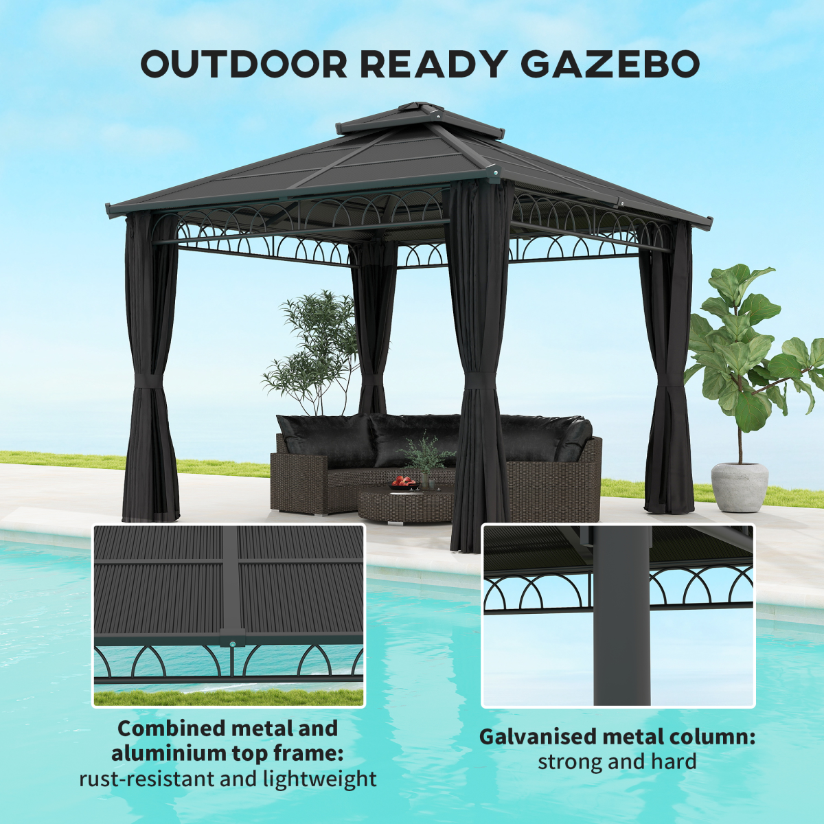 Outsunny 3 x 3 m Double Roof Hardtop Gazebo with Netting, Dark Grey