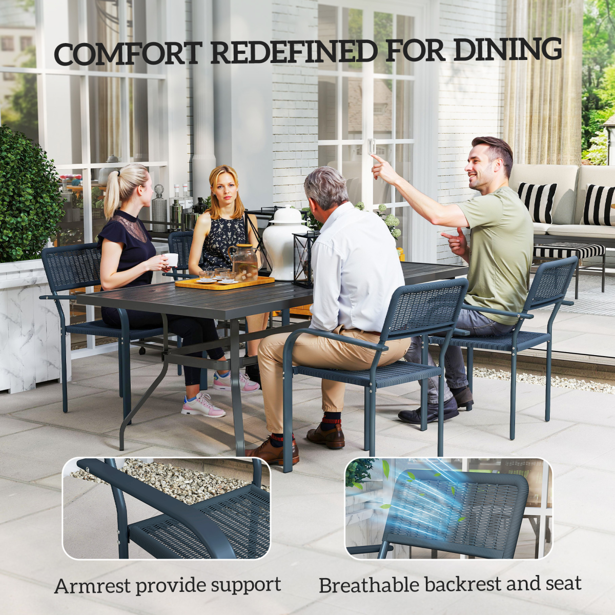 Outsunny Set of 4 Stackable Rattan Effect Garden Chairs, Dark Grey