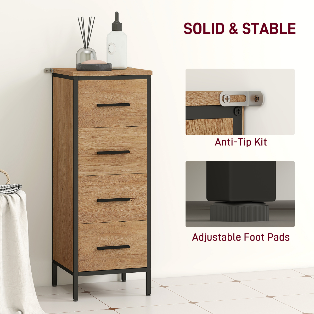 HOMCOM Narrow 4-Drawer Bathroom Storage Cabinet, Oak
