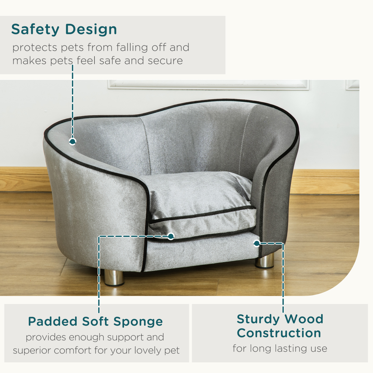 PawHut Modern Pet Sofa Bed with Removable Cushion, Storage Pocket and Non-Slip Feet for Small Dogs Under 8 kg