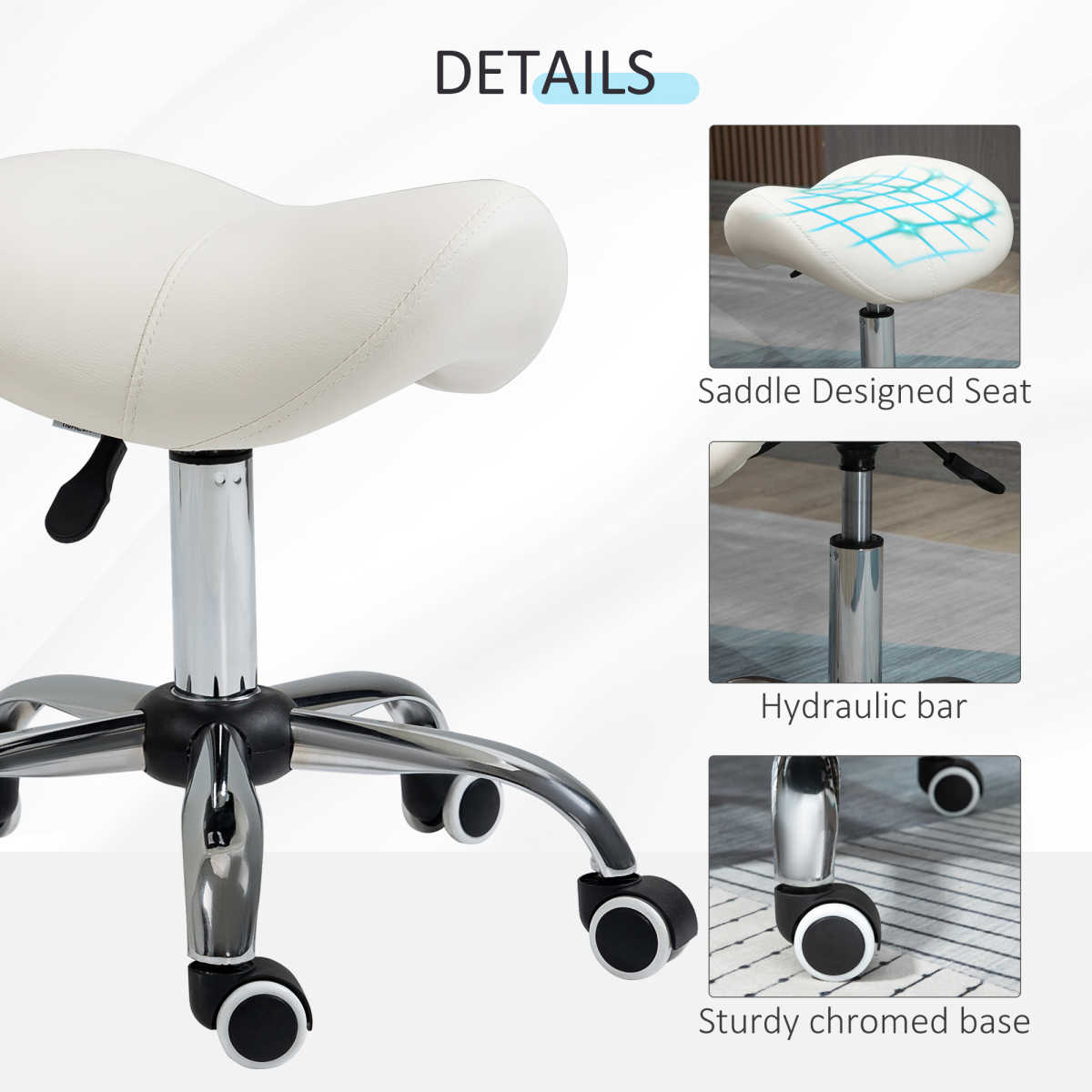 HOMCOM Saddle Stool Hydraulic Height Adjustable Rolling Faux Leather Mobility Chair Cream