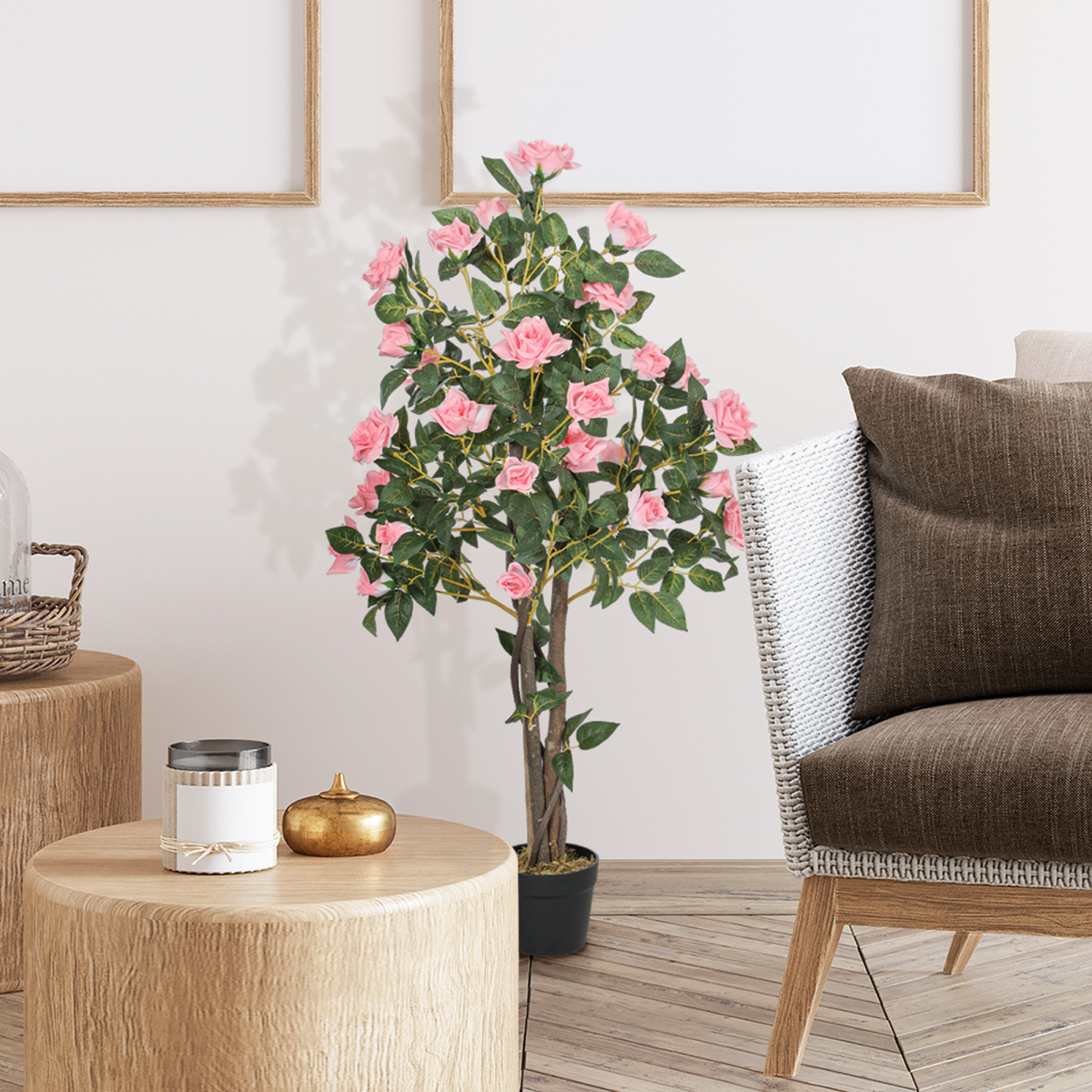 HOMCOM Set of 2 Artificial Rose Trees in Pots, Pink
