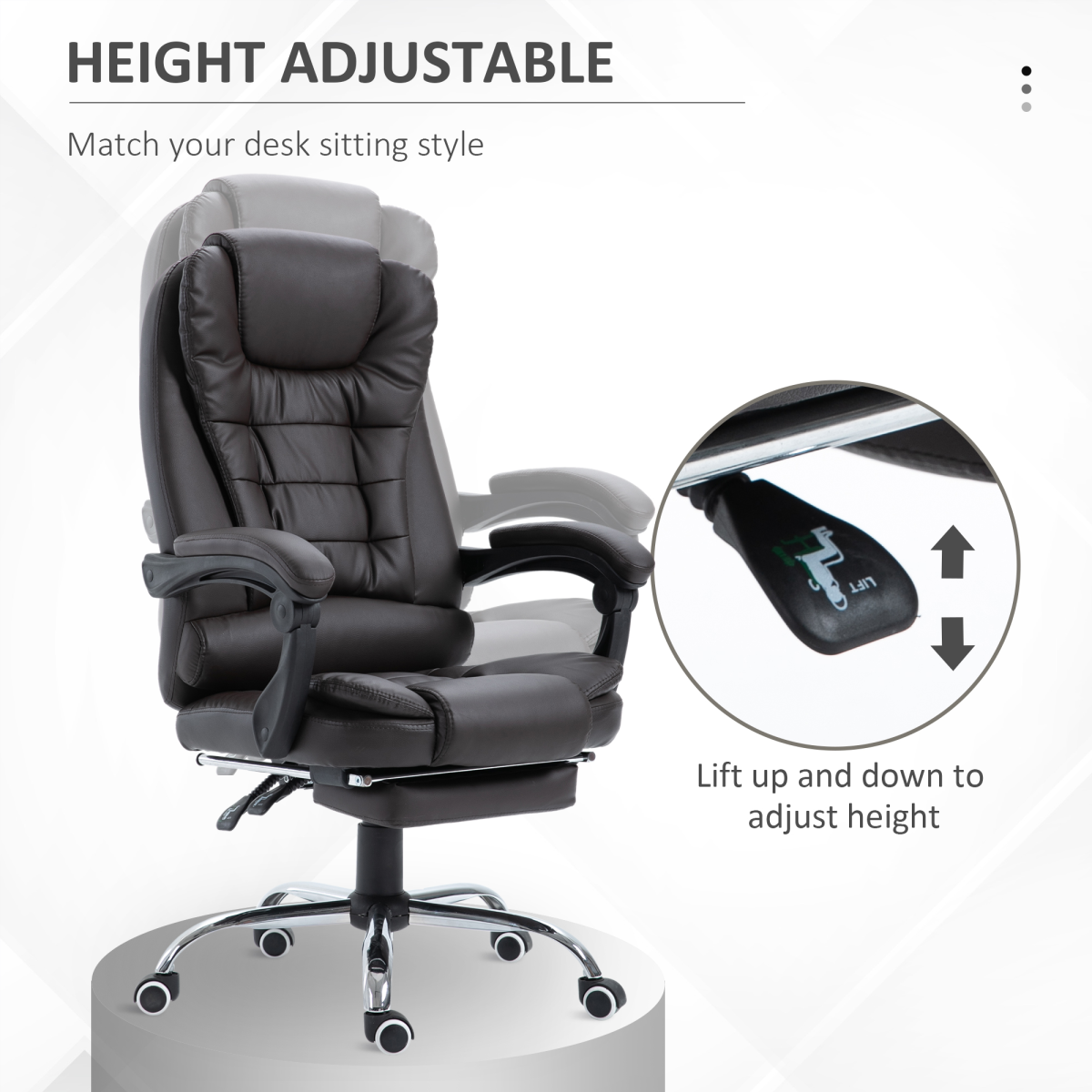 High Back Executive Office Chair with Reclining Backrest, Retractable Footrest, Swivel Wheels, Brown