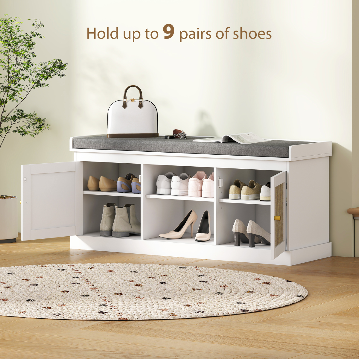 HOMCOM Boho Rattan Shoe Storage Bench with Padded Seat