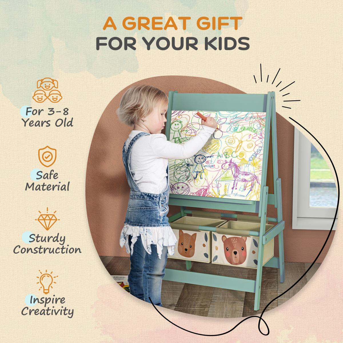AIYAPLAY 3-in-1 Kids Easel with Paper Roll, Storage, Green