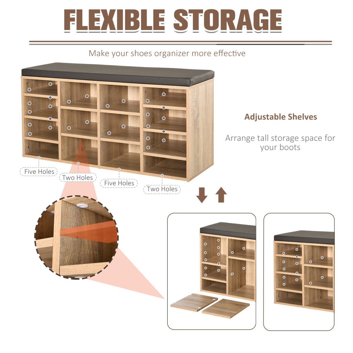 Multi-Storage Shoe Rack 14 Compartments Cushion Moving Shelves  Brown