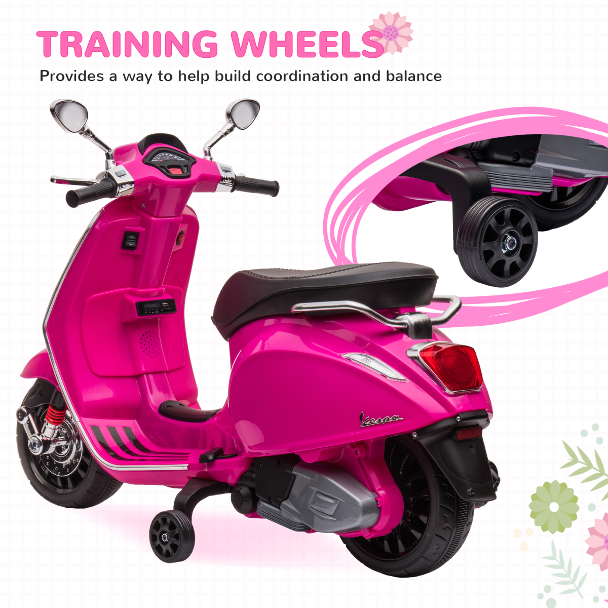 AIYAPLAY Licensed Vespa 12V Kids Electric Motorbike with Training Wheels, Pink