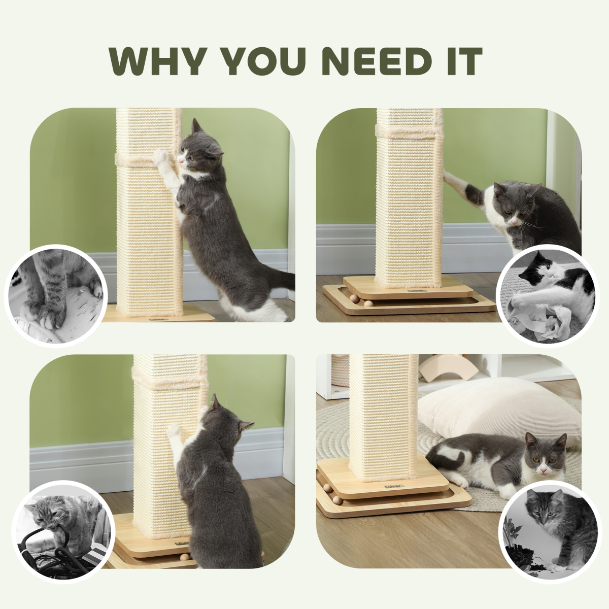 PawHut 87cm 3-in-1 Cat Scratching Post with Track Ball Toy