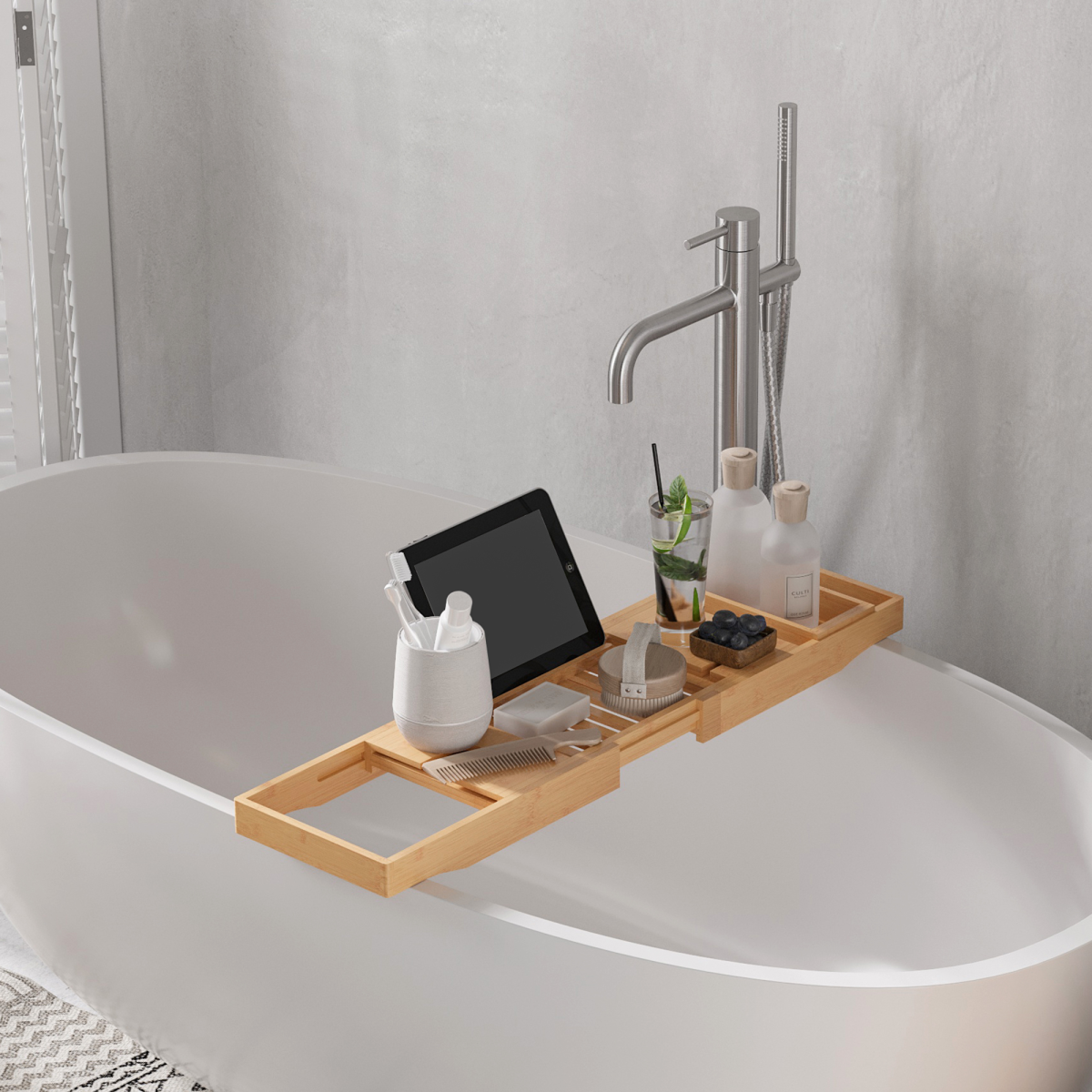 Extendable Bamboo Bath Tub Tray Caddy with Book Tablet Stand, Wine Glass Holder, Phone Tray and Detachable Accessory Tray, Fits Most Standard Bathtubs