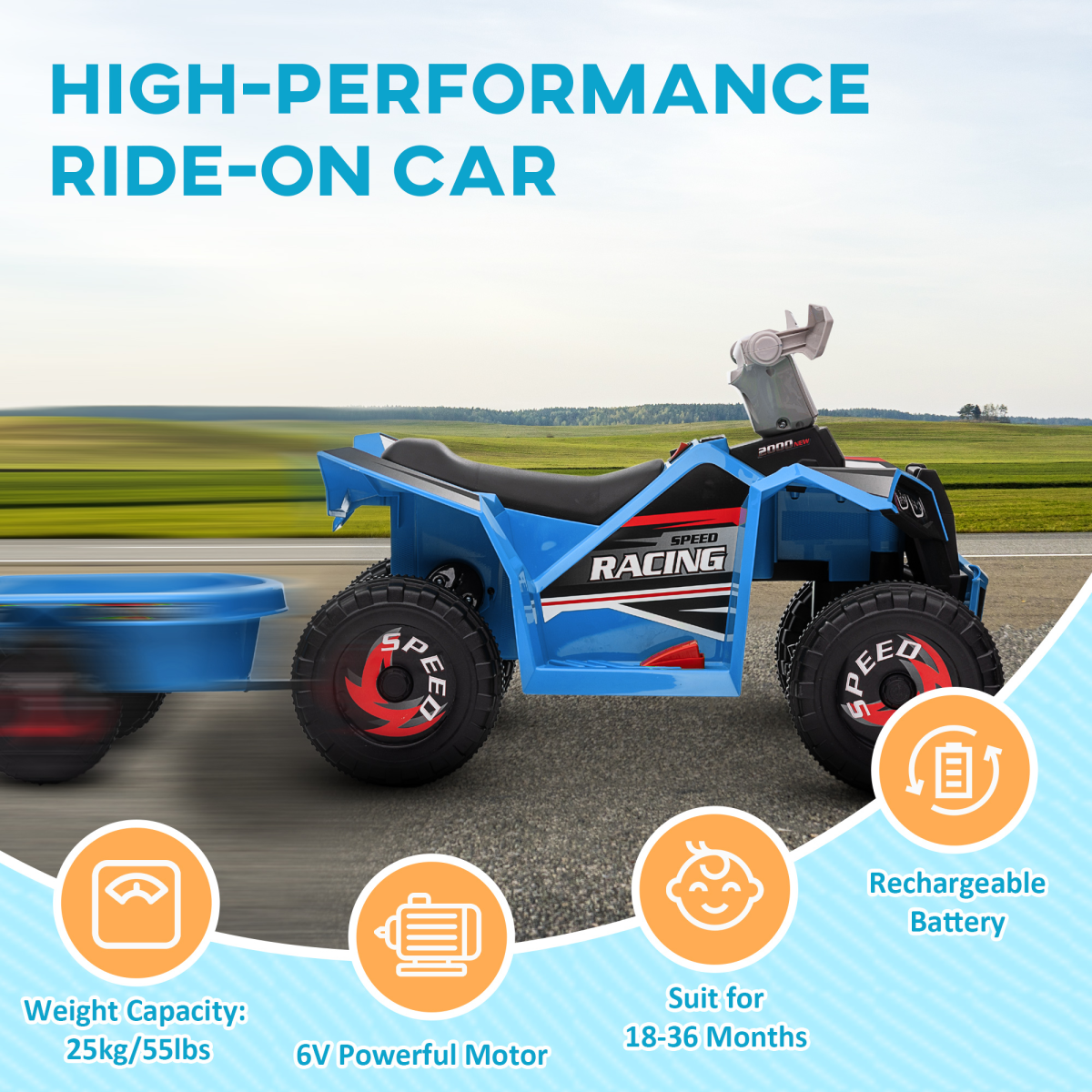 HOMCOM 6V Kids Electric Quad Bike Ride-On ATV with Trailer, Blue