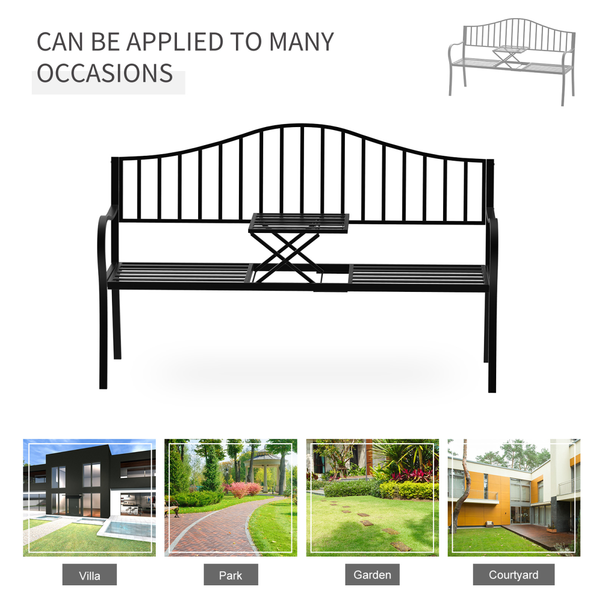 Outsunny Outdoor 2 Seater Metal Bench with Lift-Up Middle Table, Patio Garden Seating Chair