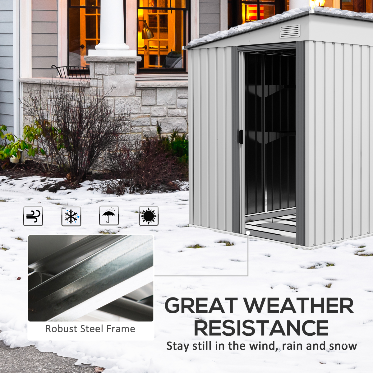 Outsunny 5 x 7 ft White Galvanized Steel Lean-To Garden Shed with Floor Foundation, Sliding Doors and Ventilation Windows
