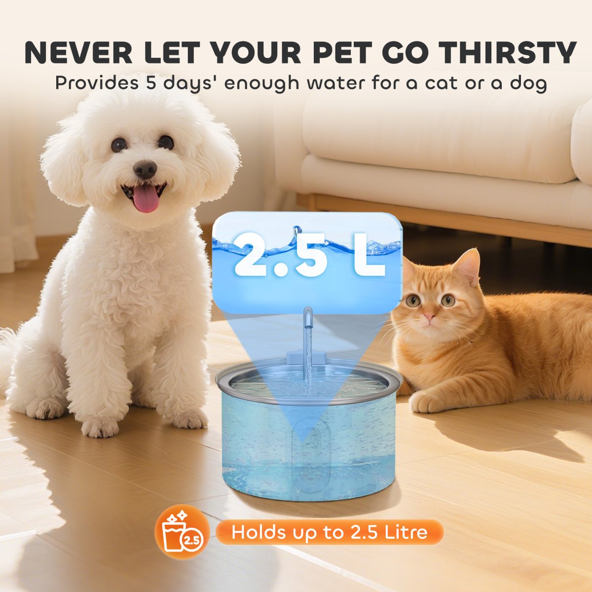 PawHut 2.5L Stainless Steel Cat Water Fountain, Ultra-Silent