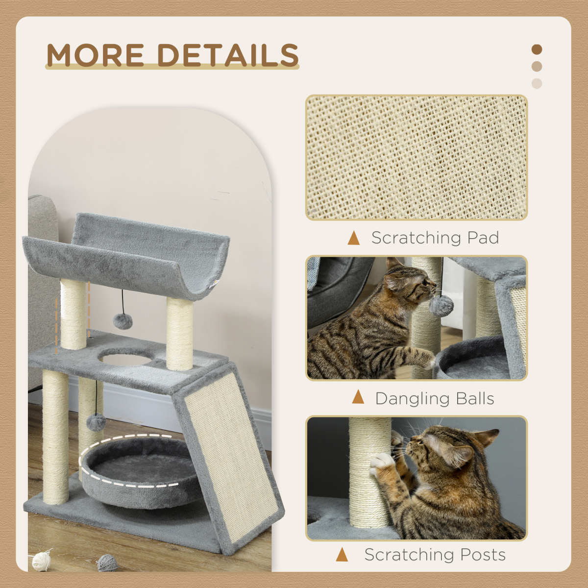 PawHut Light Grey Indoor Cat Tree Tower with Scratching Posts & Toy Ball