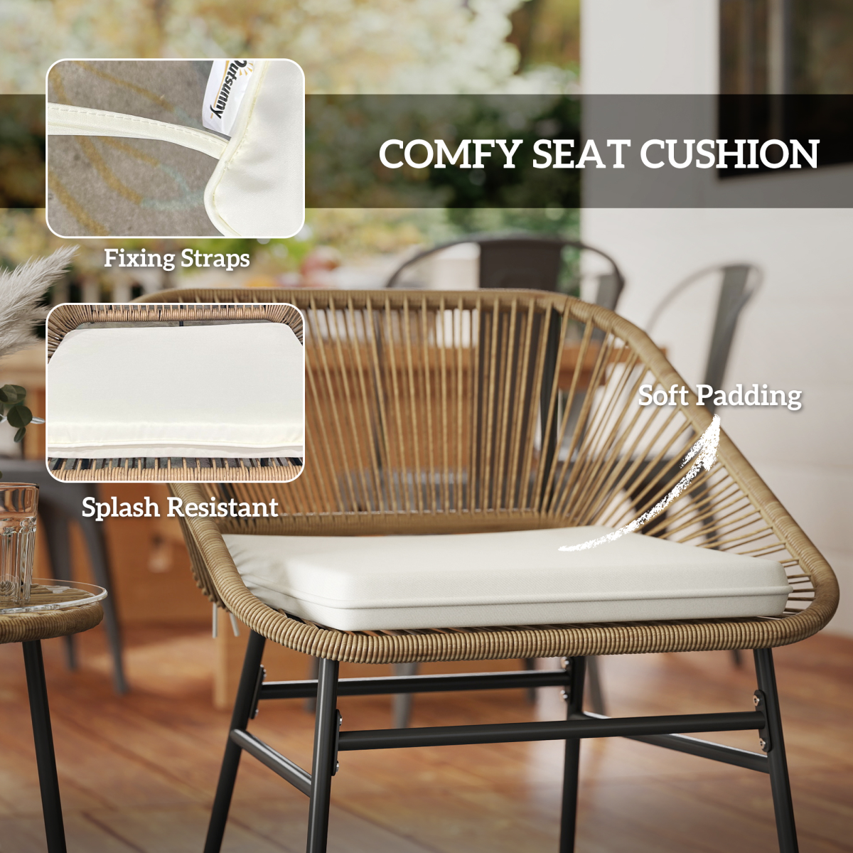 Outsunny 3-Piece Rattan Bistro Set with Cushions for Balcony
