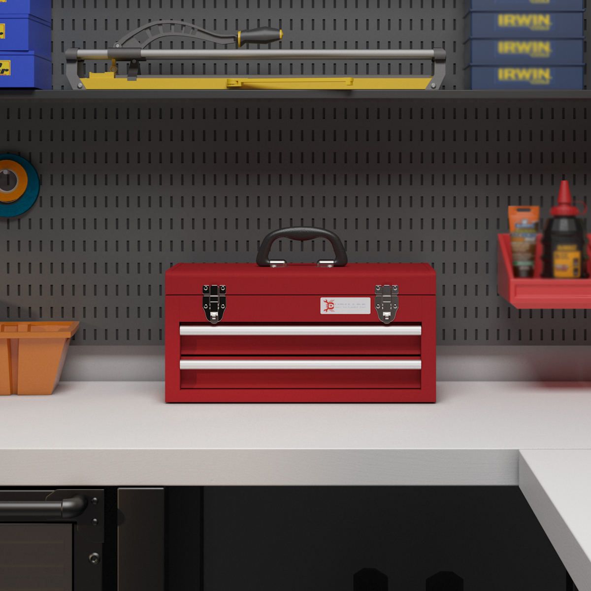 DURHAND Lockable 2-Drawer Steel Tool Chest with Ball Bearing Slides, Red