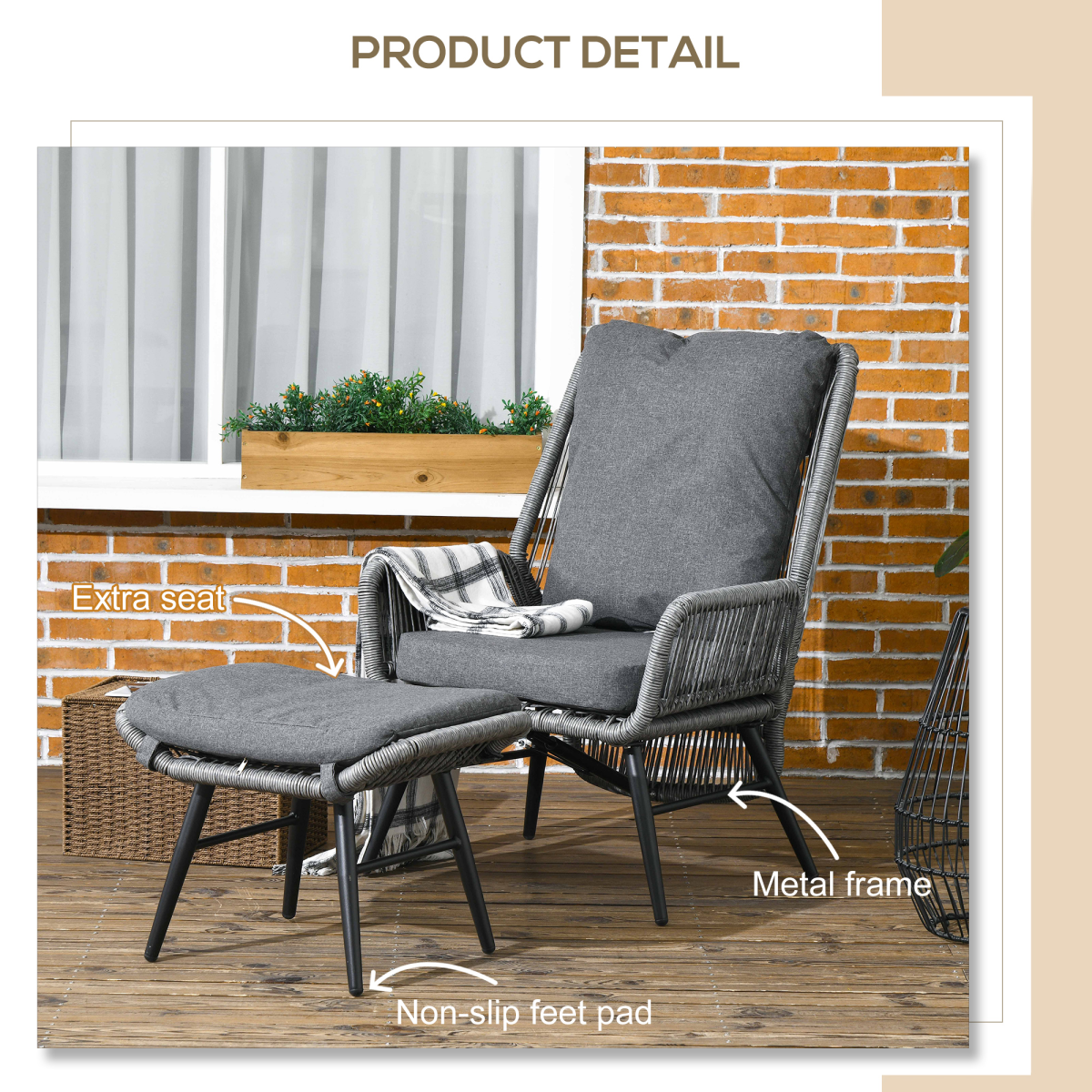 Outsunny Outdoor Rattan Recliner Chair and Footrest Set with Adjustable Backrest, Grey