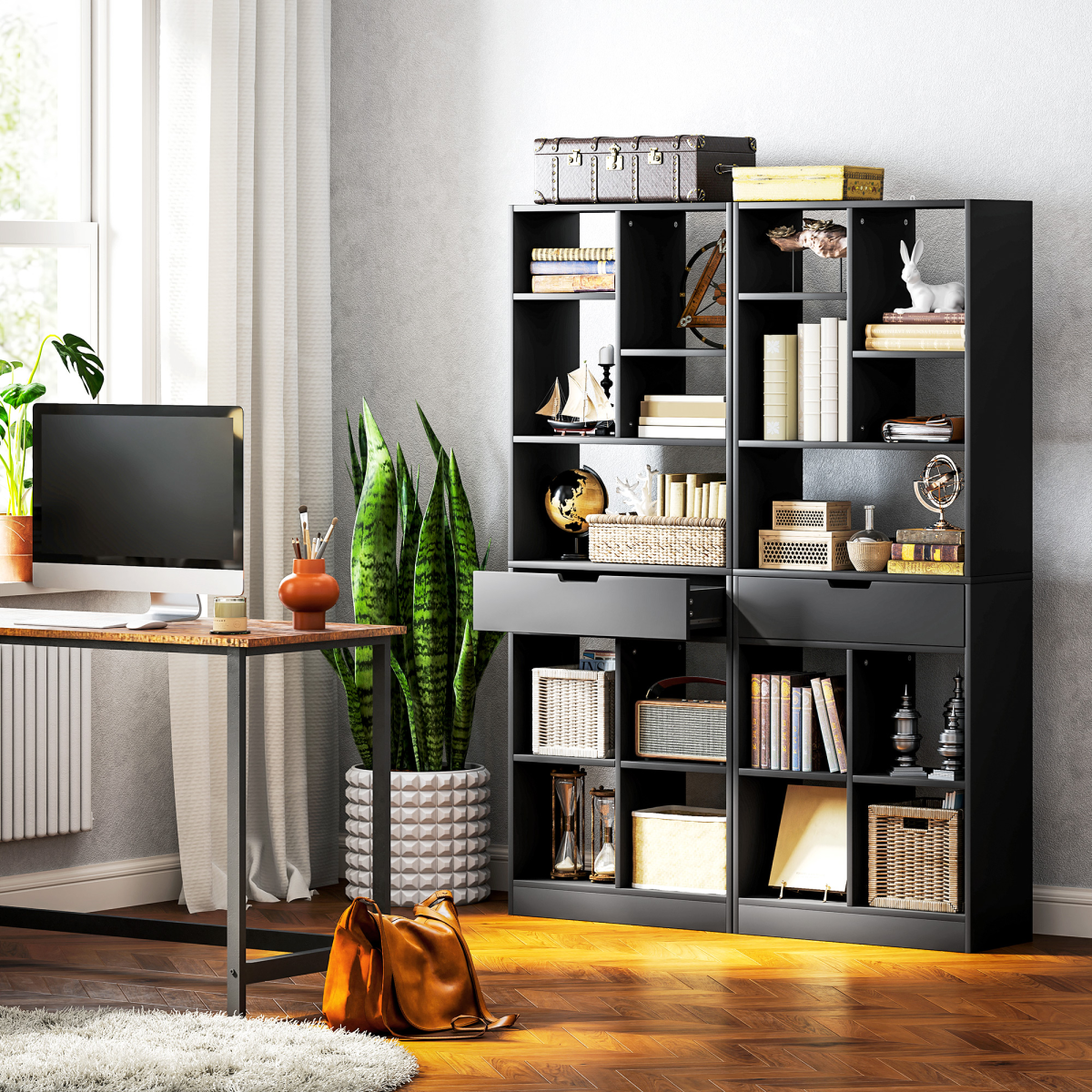 HOMCOM Freestanding Black Bookcase Display Shelf with Drawer, 9 Compartments