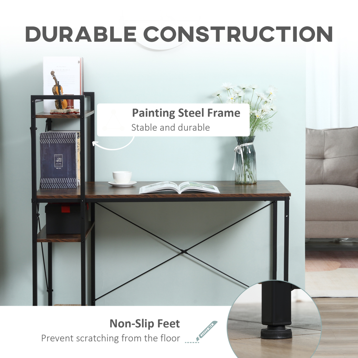HOMCOM Computer Desk with 4-Tier Bookshelf, Home Office Study Workstation, Reversible Left or Right Shelf, Chipboard and Steel Frame