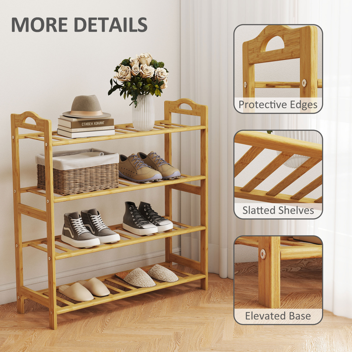 HOMCOM 4-Tier Bamboo Shoe Rack Shelf Stand, Natural Finish