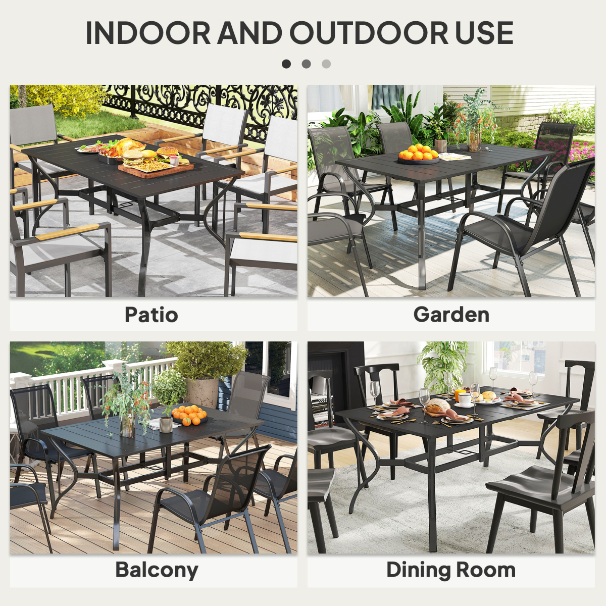 Outsunny Garden Dining Table, 150 x 90cm Steel Slatted Top, Black, 6 Seater Balcony Table