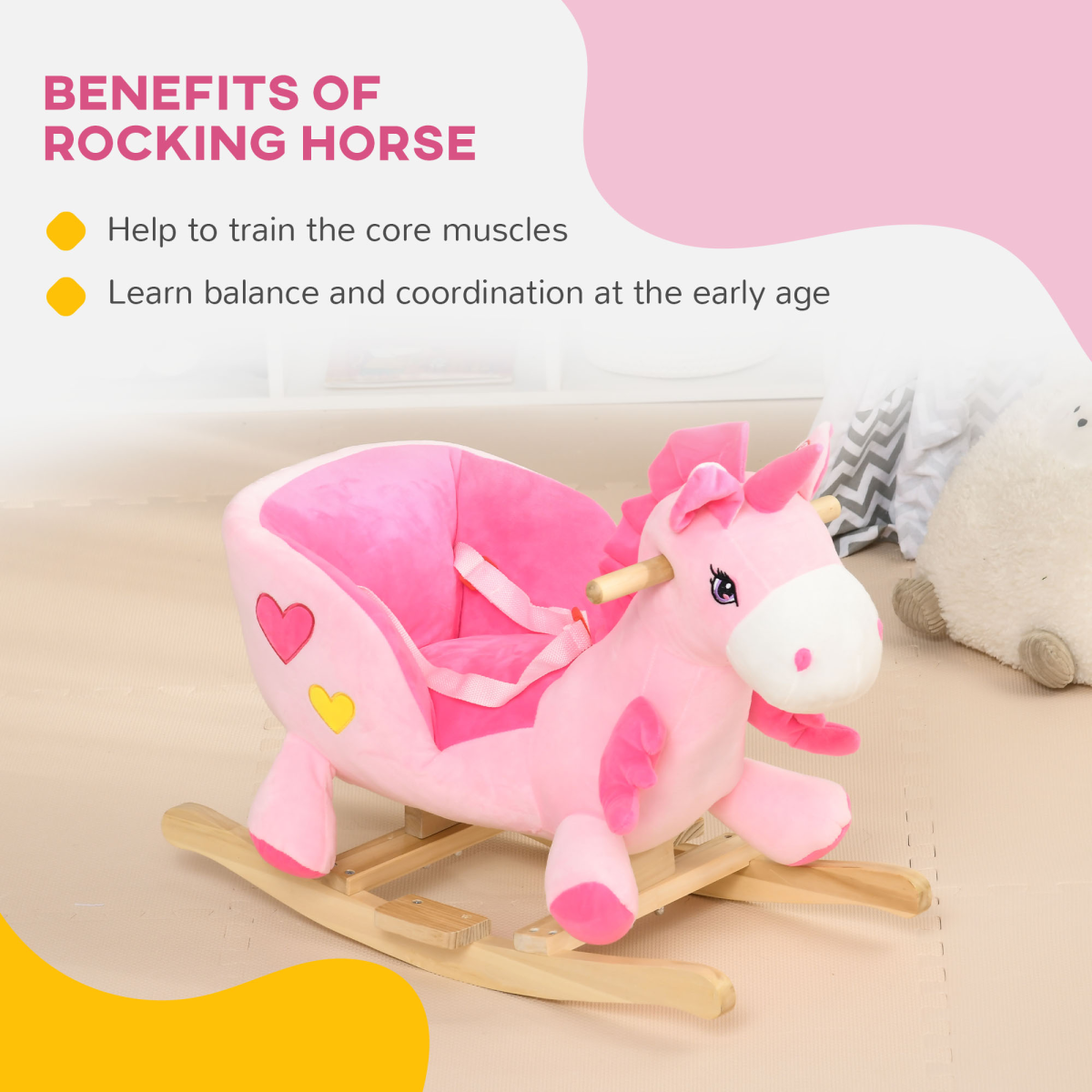 HOMCOM Plush Unicorn Ride-On Rocking Horse with Songs, Seat Belt, Pink