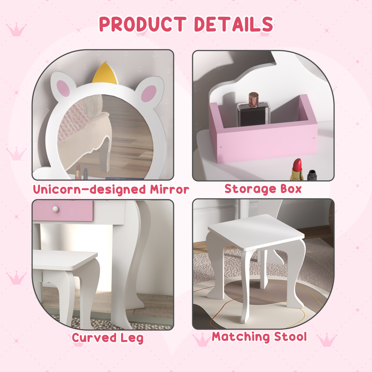 ZONEKIZ Kids Dressing Table Set with Mirror, Stool and Drawer, Unicorn Design, White and Pink