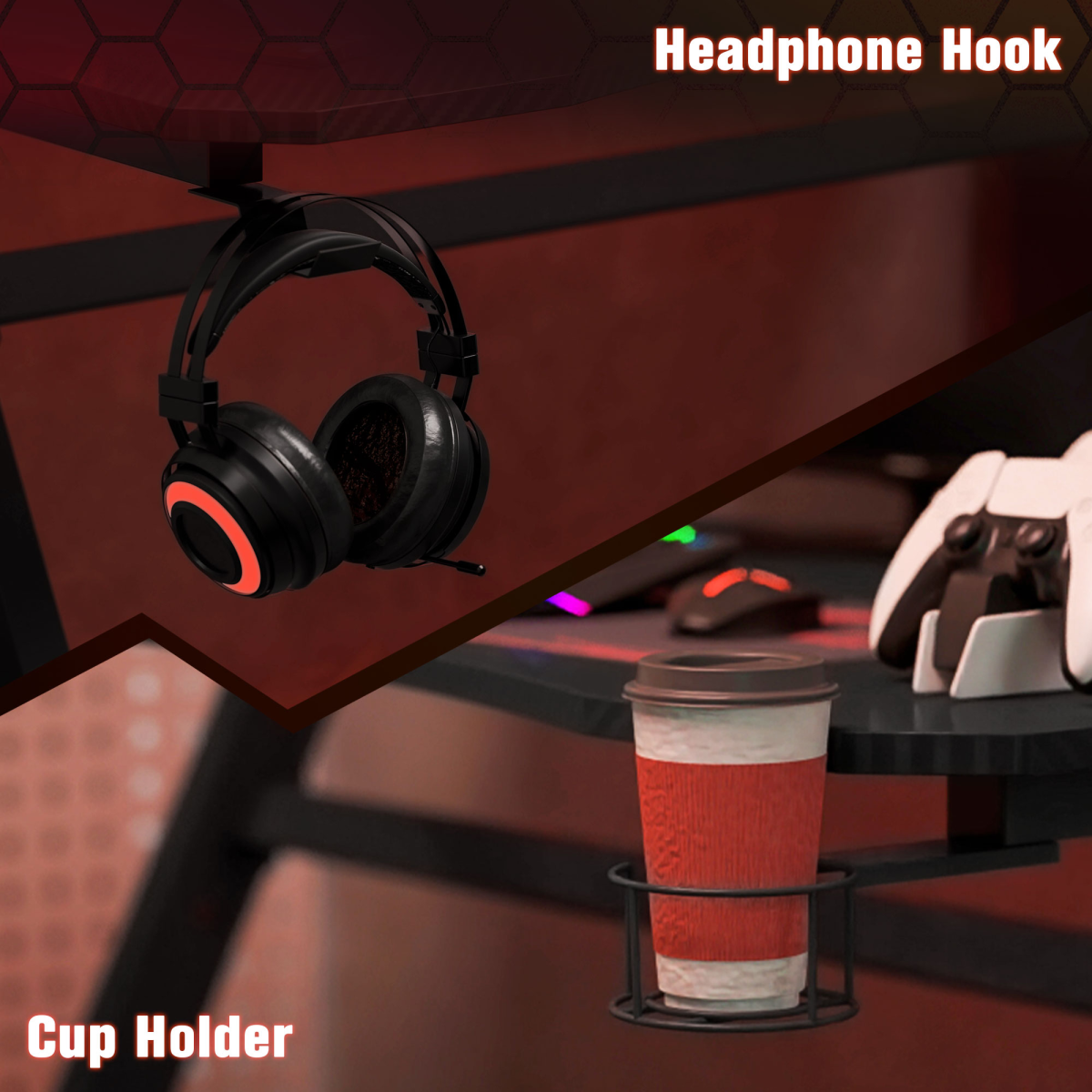 Gaming Desk Steel Frame with Cup Holder, Headphone Hook, Cable Organizer, Adjustable Feet, Black