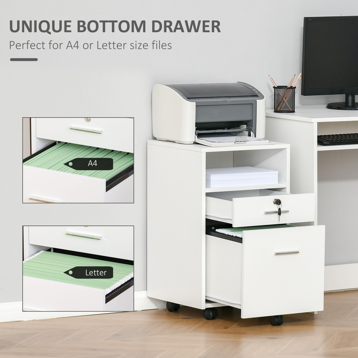 Mobile Lockable File Cabinet with Drawer, Open Shelf, 5 Wheels, White, Vinsetto