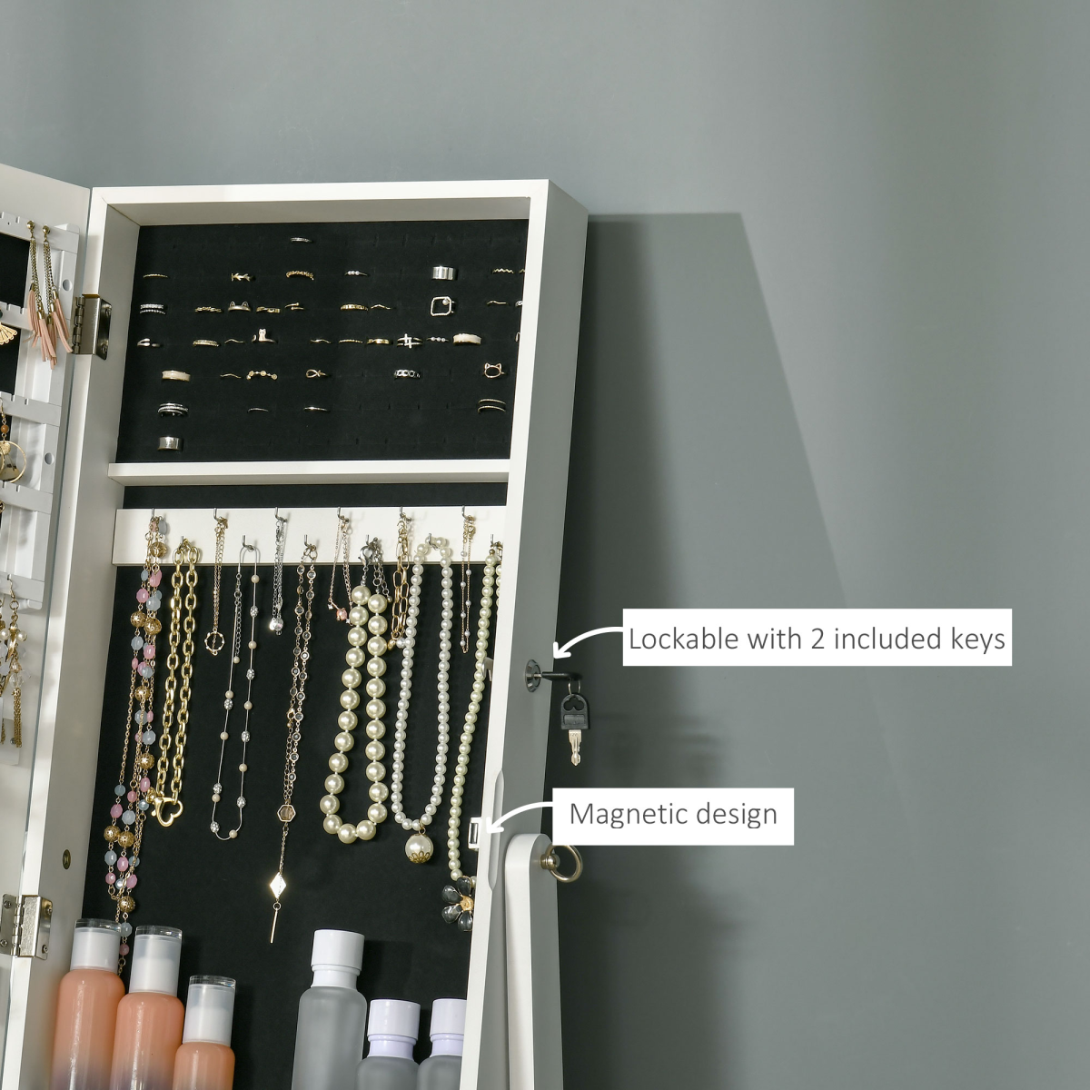 Freestanding Mirrored Jewellery Cabinet with Lockable Storage, White