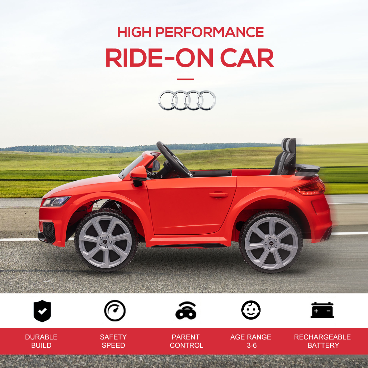HOMCOM Licensed Audi TT RS 12V Ride On Car with Remote Control, Headlight, MP3, Red