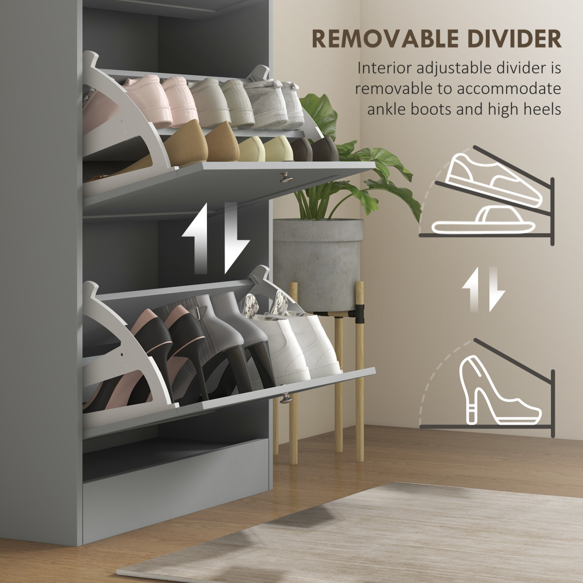 HOMCOM Slim Shoe Cabinet with 3 Flip Drawers, 18 Pairs, Grey