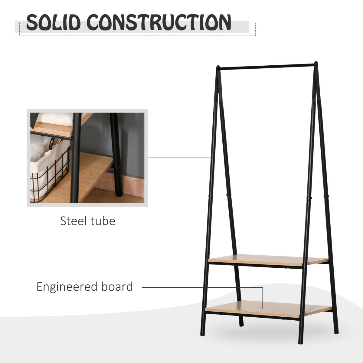 HOMCOM 2-Tier Garment Rack with 2 MDF Bottom Shelves, 149 cm H, Black/Wood Grain