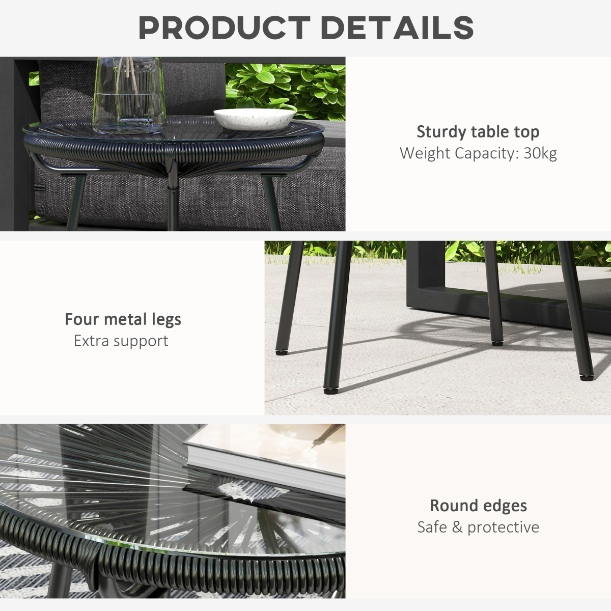 Outsunny Outdoor Rattan Coffee Table with Tempered Glass Top, Black